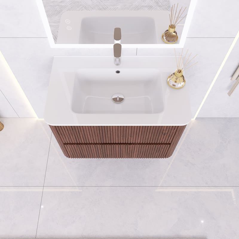 Wall-Mounted Bathroom Vanity in Walnut with Integrated White Ceramic Sink