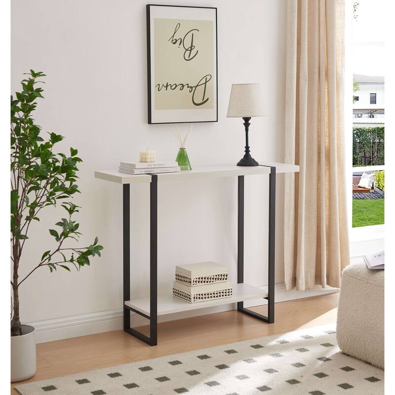 Harley Collection Wood Metal 40" Modern Console Table with Shelf - Black Frame and White Panel