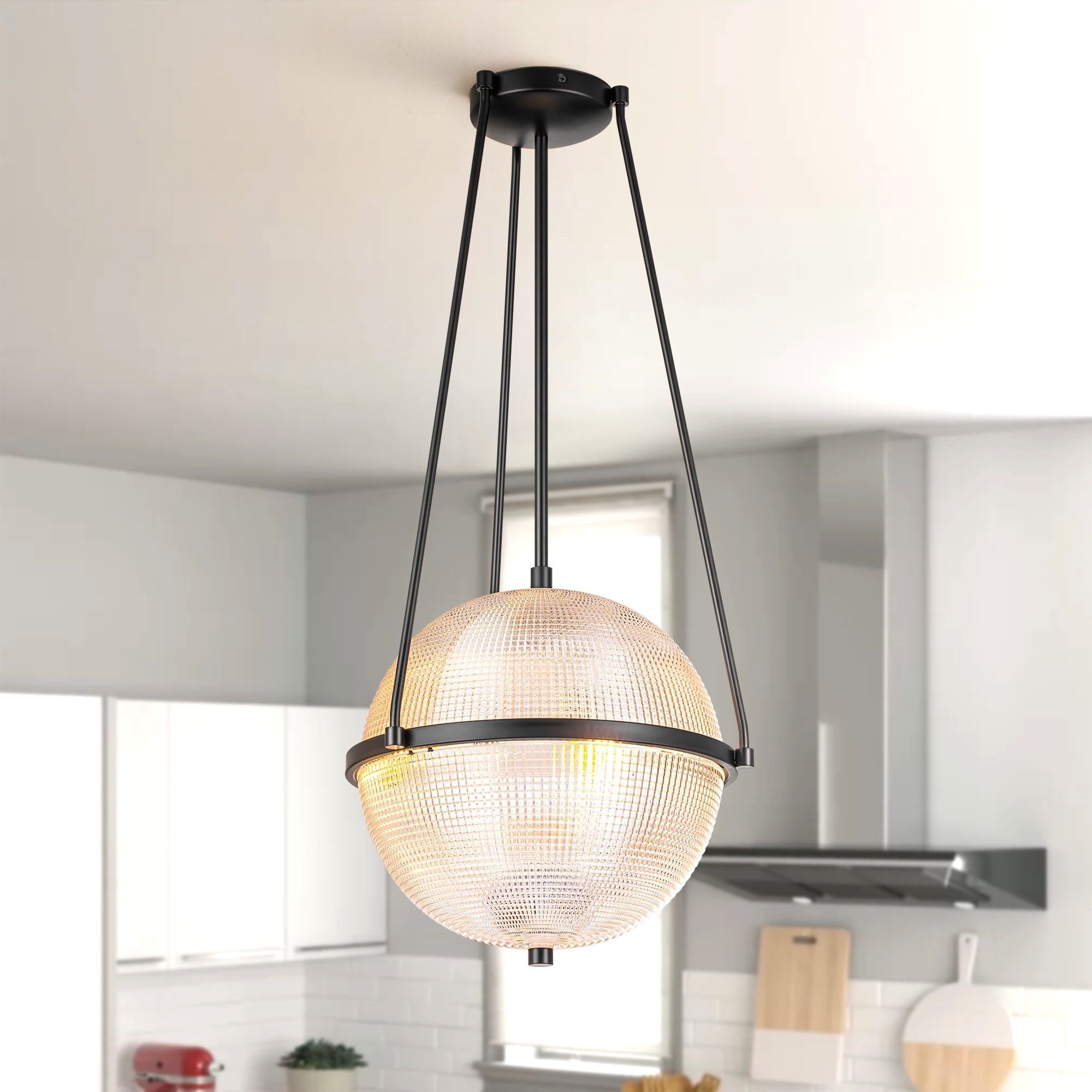 3-Light Mid-Century Modern Black Metal Globe Clear Textured