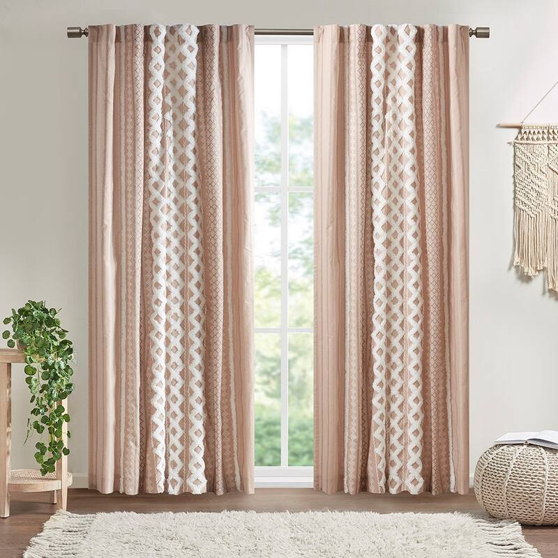 Cotton Printed Curtain Panel with Chenille Stripe and Lining 50x84"