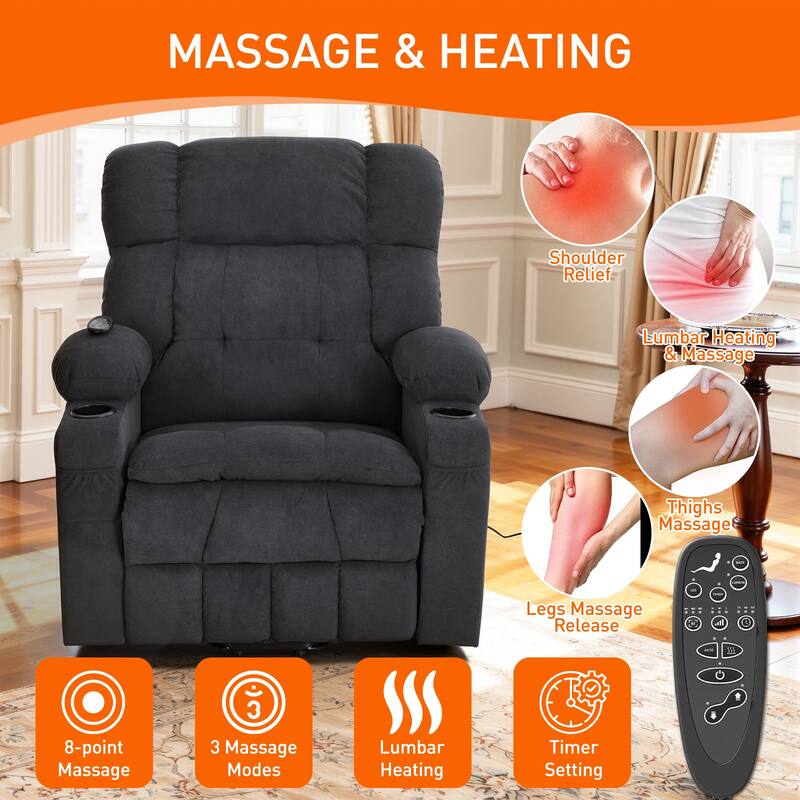 35" Wide Quiet Lift Velvet Recliner w/Massage and Heat