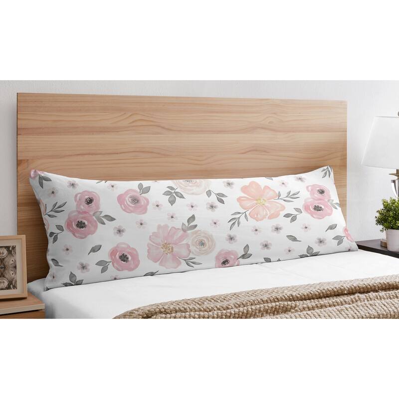 Sweet Jojo Designs Blush Pink, Grey and White Watercolor Floral Collection Body Pillow Case (Pillow Not Included)