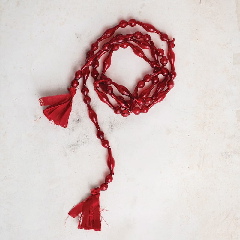 Glass Bead Garland with Cotton Tassels - Red - 72.0"L x 0.5"W x 0.5"H