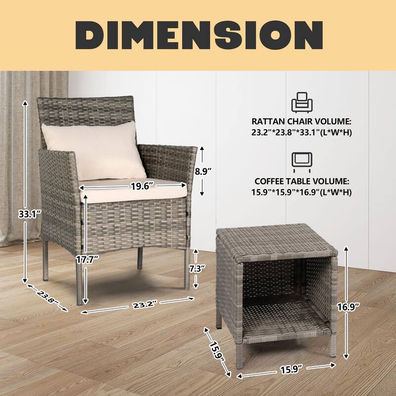 3 Piece Patio Conversation Bistro Set, Porch Balcony Furniture Set Outdoor Chat Furniture, Wicker Chairs and Storable Table Set