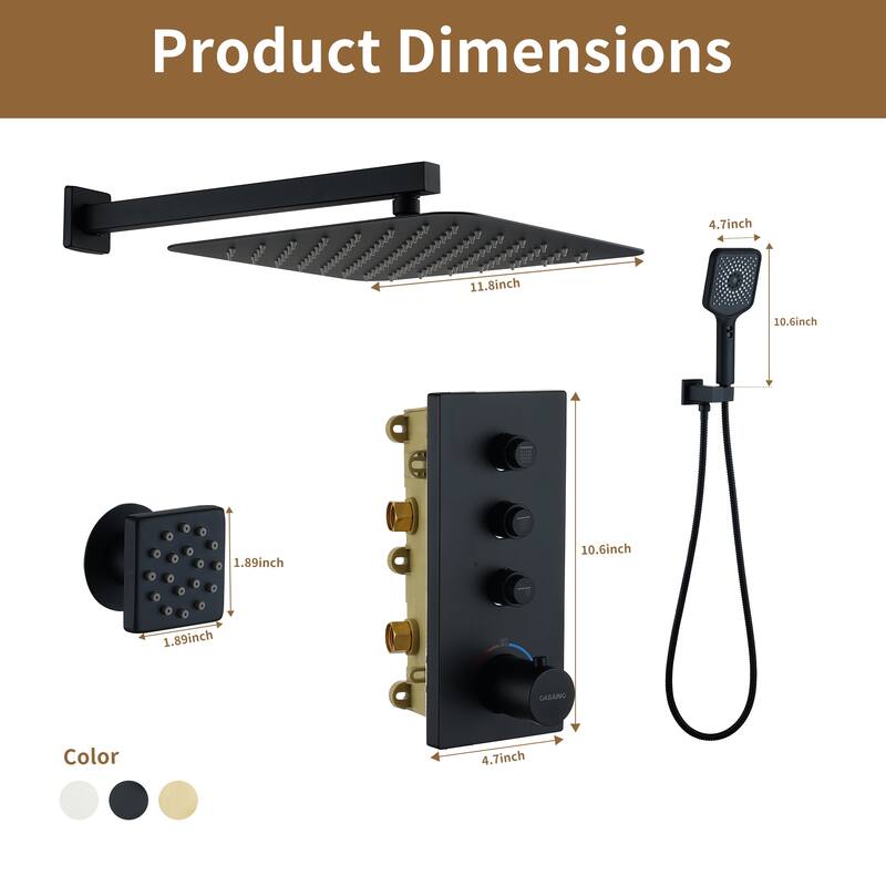 3 Functions 12 Inch Wall Mount Thermostatic Shower System in Matte Black