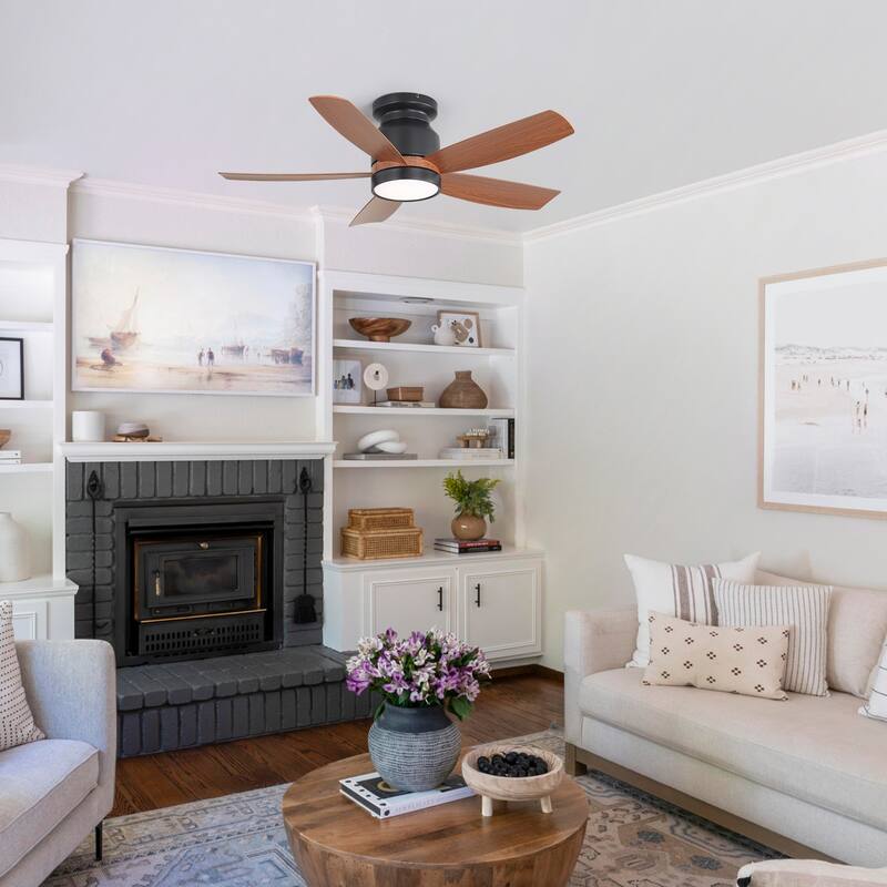 42 Inch Matte Black Ceiling Fan with LED Light and 6 Speed Remote Control Reversible DC Motor for Bedroom Living Room