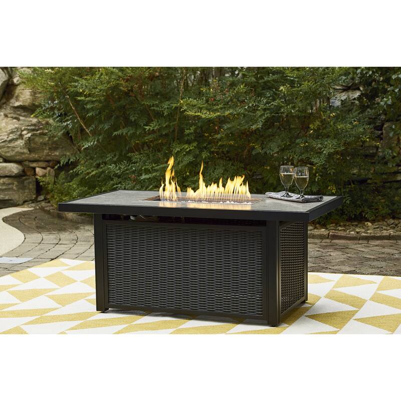Beachcroft Outdoor Rectangular Fire Pit Table - 58" W x 30" D x 25.13" H - Black/Light Gray