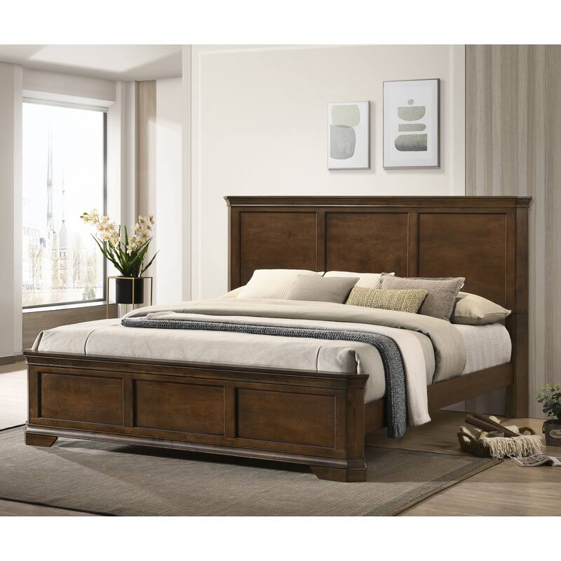 Maderne Traditional Wood Panel Bed with Dresser, Mirror, Nightstand, Queen size - Walnut Brown