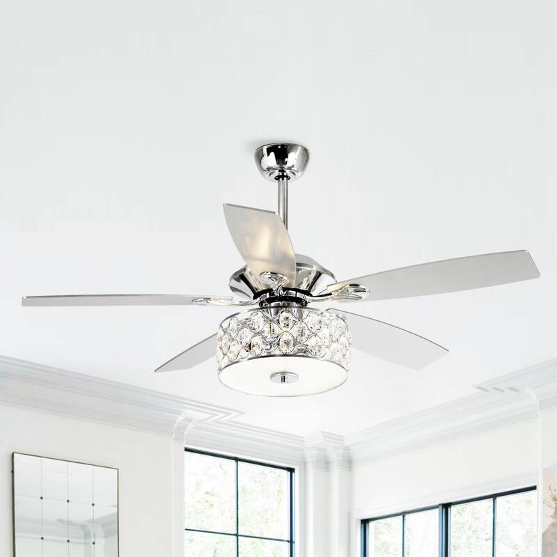 Modern Chrome 5-Blade Reversible Crystal Ceiling Fan with Remote and Light Kit - 52-in W