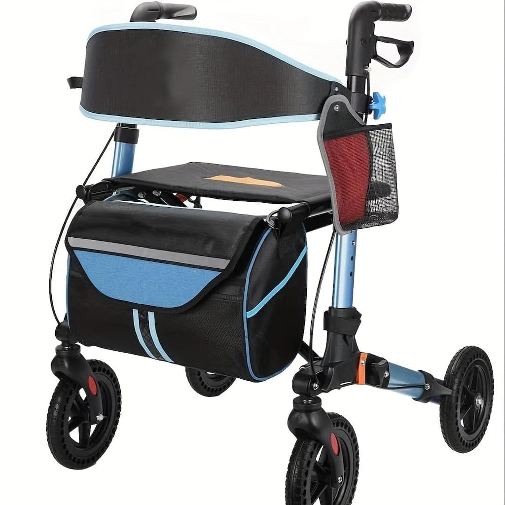 Lightweight Foldable All Terrain Rolling Walker with seat, Aluminum Walkers with 8 inch Rubber Wheels - Blue