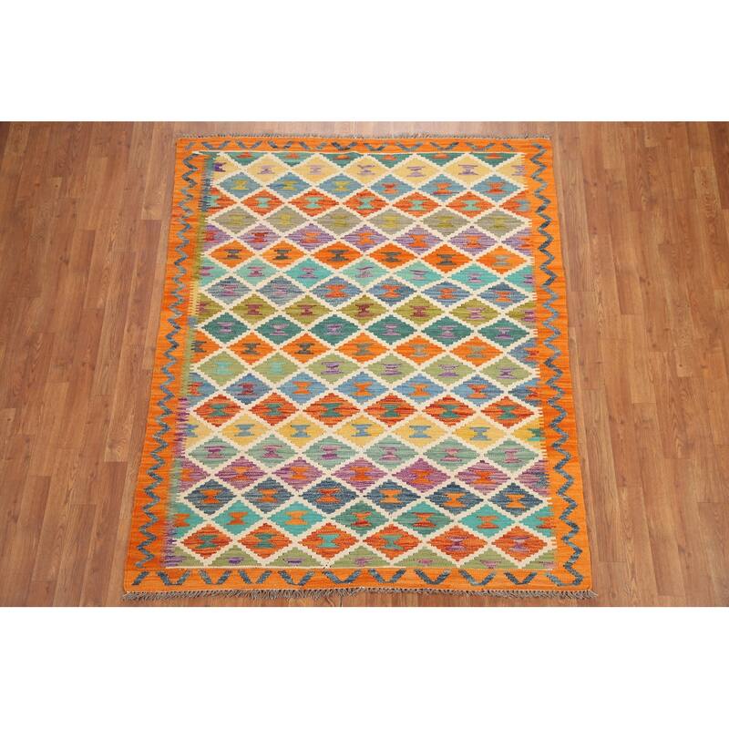 Hand Woven Oriental 100% Wool Carpet Southwestern Geometric Multi-Colored Kilim Area Rug - 6' 1'' X 5' 0''
