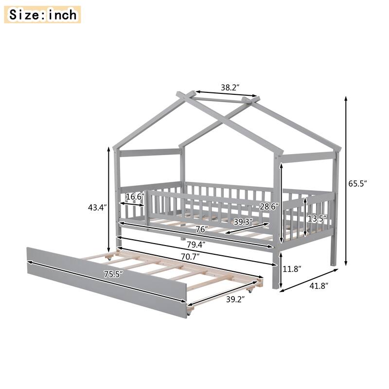 Twin Pine House Bed with Trundle, Guardrail & Roof