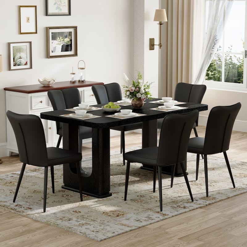 Dining Table Set for 6, Rectangular Dining Room Table Set for 6, Kitchen Table and 6 PU Chairs, 64" Wood Table Set with Textured