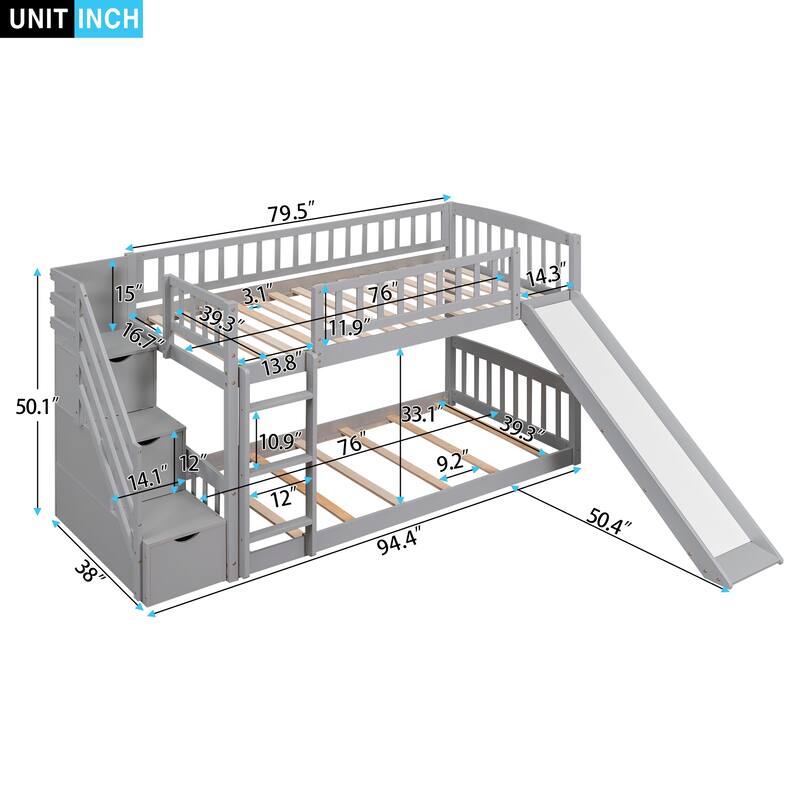 Twin over Twin Pine Bunk Bed with Slide