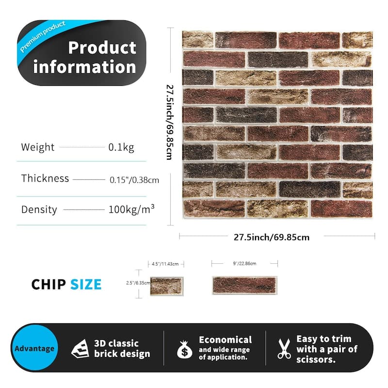 Art3d 20pcs 27.5"x27.5" Self-adhesive Foam Faux Brick Wall Tile Wall Sticker