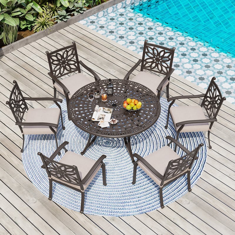MAISON ARTS 7-Piece Cast Aluminum Patio Dining Set with Round Dining Table & 6 Dining Chairs