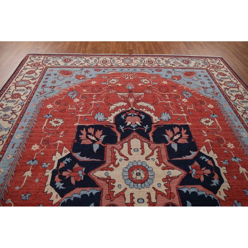 Red/ Ivory/ Blue Heriz Serapi Turkish Area Rug Handmade Wool Carpet - 9'0" x 12'0"