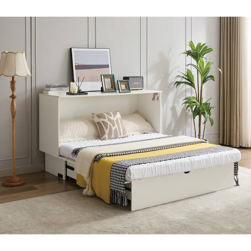 Queen Size Murphy Bed Cabinet with Storage Drawer, Folding Foam Mattress, USB & AC Charging Ports, and Smooth Glide Mechanism