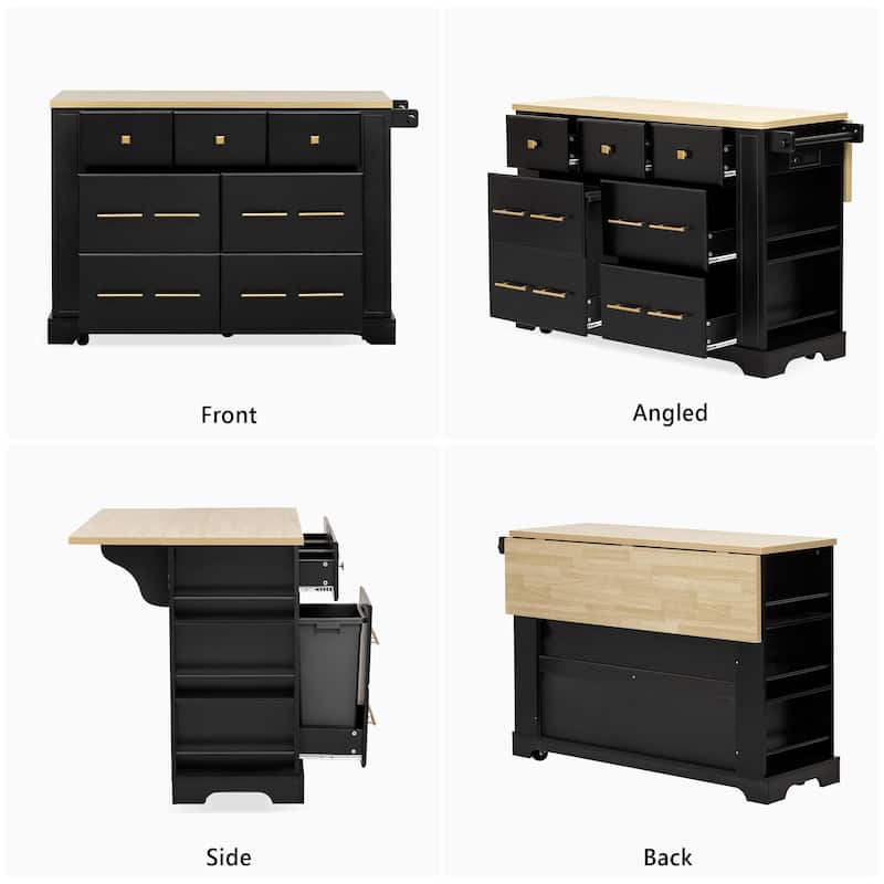 Kitchen Island with 6 Drawers, Pull Out Trash Can Storage, with Drop Leaf, Power Outlet, 5 Open Side Racks