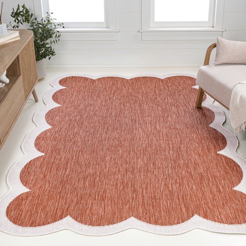 JONATHAN Y Alice Classic Cottage Two-Tone Scalloped Indoor/Outdoor Shaped Area Rug - 4' x 6' - Terra/Cream