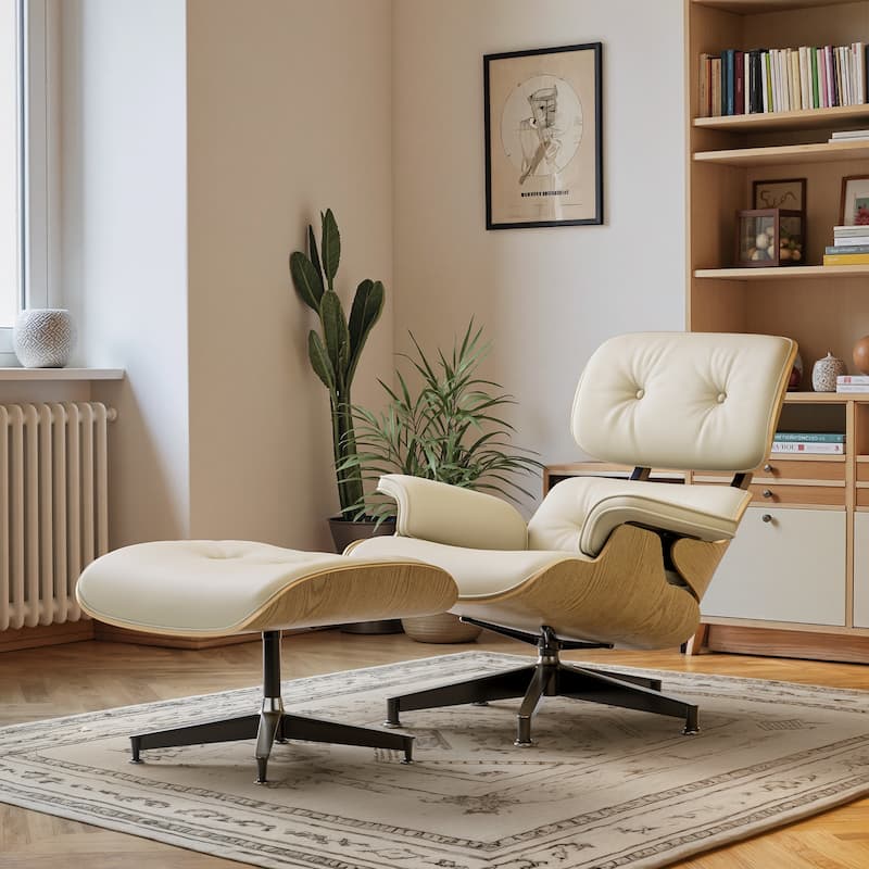 Furgle Genuine Leather Accent Lounge Chair and Ottoman Walnut Wood - White Ashwood 