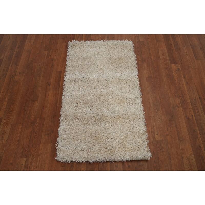 Hand Knotted Oriental Polyester Carpet Modern Solid Beige & Ivories Shaggy Area Rug - 3' 6'' X 1' 10''