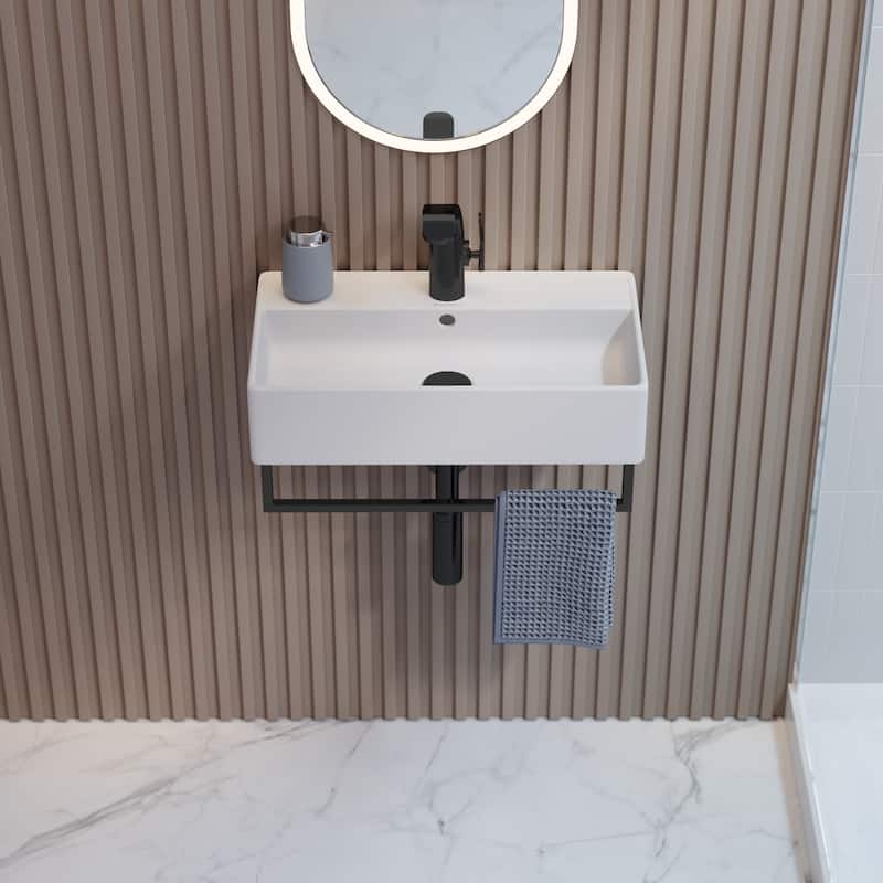 Reims 22" Wall-Mount Bathroom Sink With Black Towel Bar - 22.05" x 12.4" 5.3"
