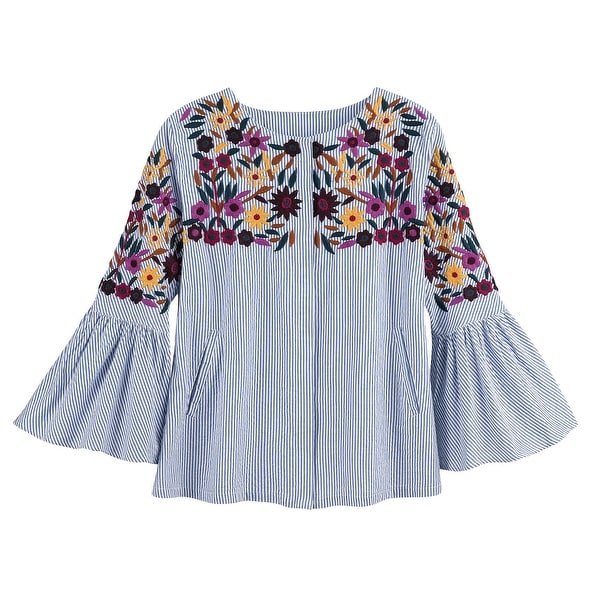 Women's Selena Embroidered Blouse - 3/4 Bell Sleeves and Seersucker Fabric