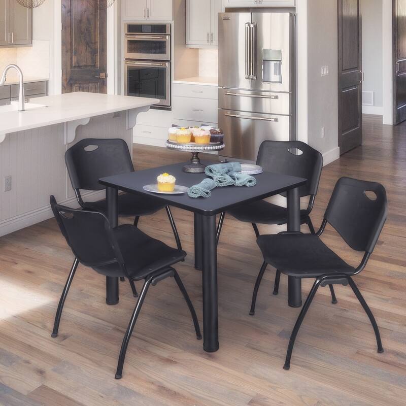 36" Square Breakroom Table- Grey/ Black & 4 'M' Stack Chairs- Black - Grey, Black - 36
