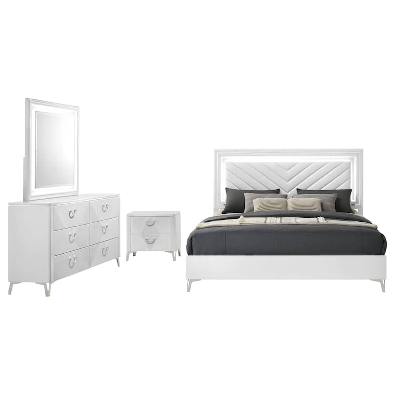 Cassia LED Bedroom Set White High Gloss - Eastern King - 4 Piece