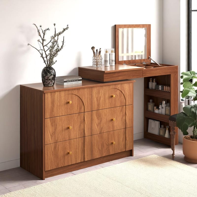 Makeup Vanity Table with Mirror and Lights, 3-Mode LED, 7 Storage Drawers and Adjustable Flip-Top for Bedroom Use - Walnut