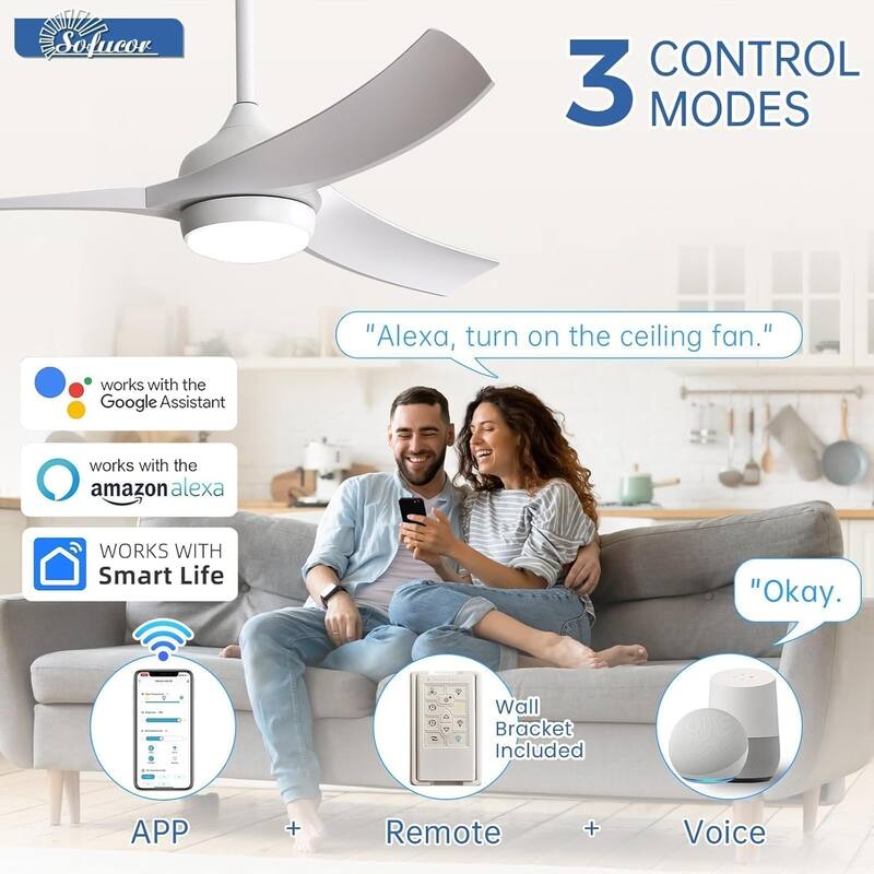 Sofucor 52 Inch Ceiling Fan with Light Remote Control,Airflow 6000CFM 3-Timer with ABS 3 Blades Reversible DC Motor