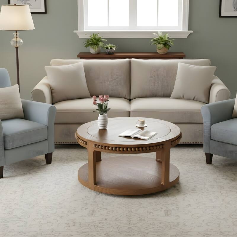 31.5 Inch Round Coffee Table for Living Room - Walnut Brown