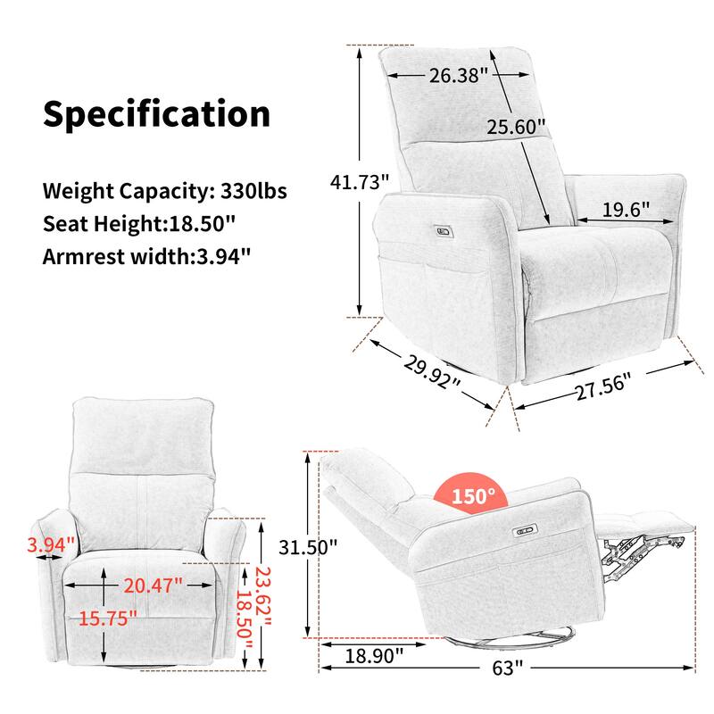 270° Power Swivel Rocker Recliner Chair for Adults, Swivel Rocking Recliner Chair,Electric Small Recliners for Small Spaces