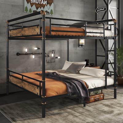 Queen Over Queen Size Metal Bunk Bed with Detachable Design, Safety Guard Rails and Storage Space