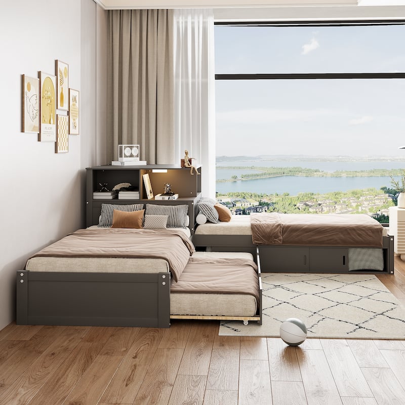 Twin Size L-shaped Bed Frame with Trundle Bed and Storage Cabinets, Desk, Lighting, Corner Platform Storage Bed Frame