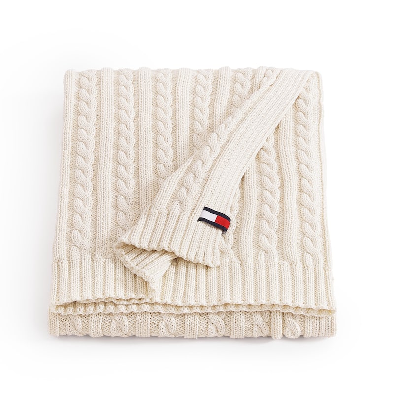 Tommy Hilfiger Hilfiger Cable Knit Solid Throw Blanket - Beige