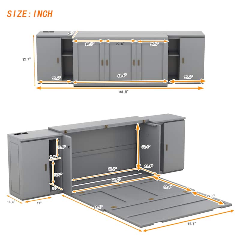 Murphy Bed Convertible Wall Bed & Side Cabinets with Shelves and USB Ports