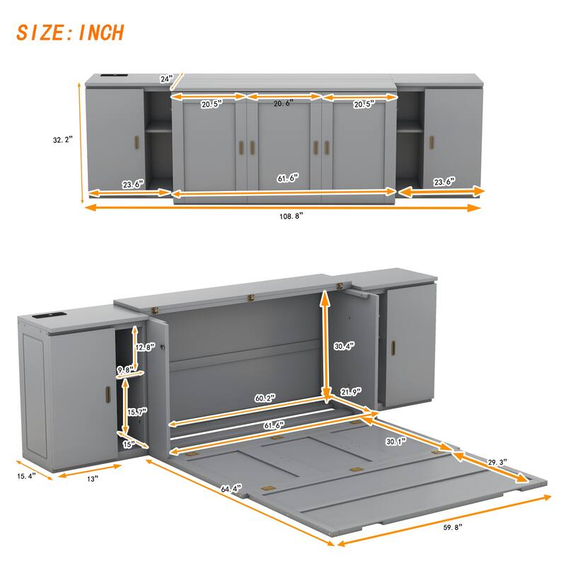 Murphy Bed with Built-in Charging Station, Shelves & Storage Cabinets, Platform Bed Frame Space-Saving Folding Wall Cabinets Bed