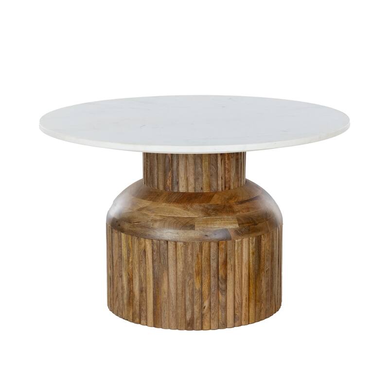 33" Round Marble Top Coffee Table with Pleated Mango Wood Base
