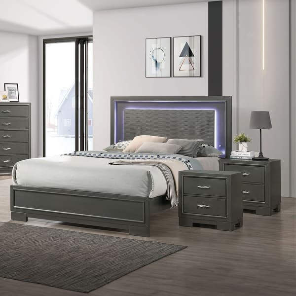 slide 2 of 10, Furniture of America Lalt Modern 3-Piece Metallic Grey Wood Panel Bedroom Set with LED Light California King