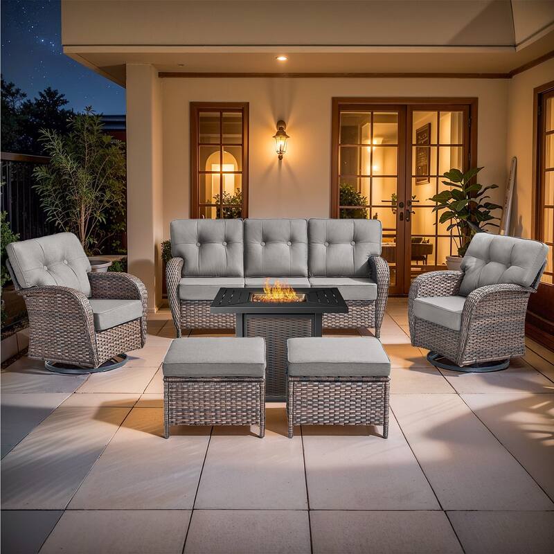 Pocassy Outdoor 30 In Fire Table with Sofa Patio Swivel Chair Set - Brown Wicker Gray Cushion - 8-Piece Sofa Swivel Chair Ottoman with Fire Table
