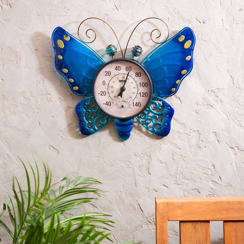 Butterfly Outdoor Wall Thermometer, Blue