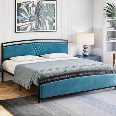 Vintage Blue Upholstered Metal Platform Bed with Headboard
