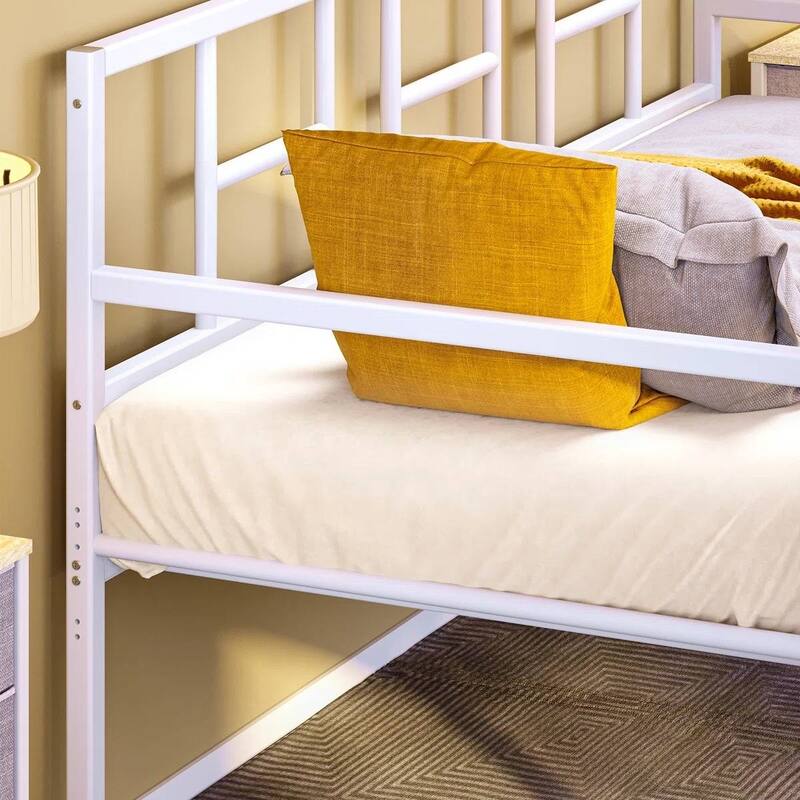 Twin Size White Metal Daybed with Roll Out Trundle Frame Heavy Duty Steel Sofa Bed with Wheels and Slats Included