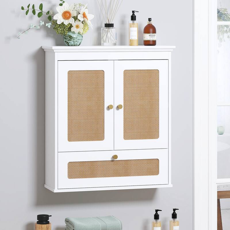 COSTARS Space-Saving Over-the-Toilet Wall Cabinet, Modern Rattan Bathroom Storage with Adjustable Shelf