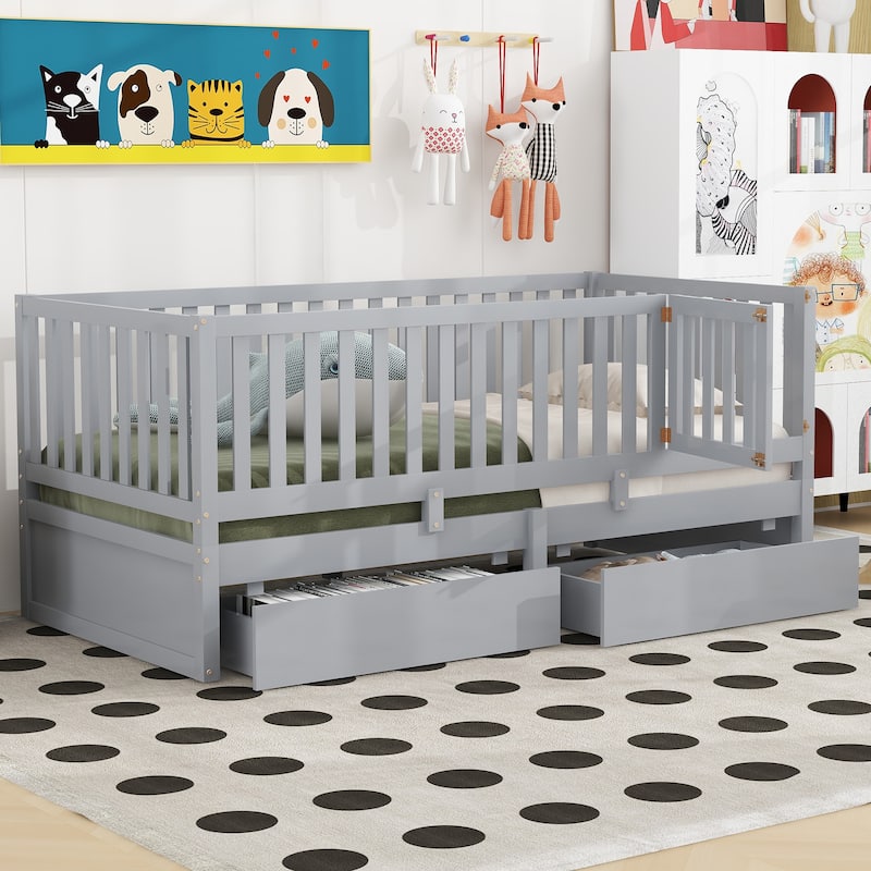 Twin Size Convertible Wood Daybed & Floor Bed with Fence Guardrails and 2 Drawers - Grey - Twin