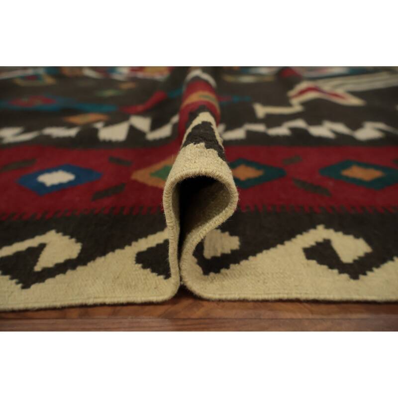Hand Woven Oriental 100% Wool Carpet Southwestern Tribal Black Kilim Area Rug - 9' 9'' X 8' 5''