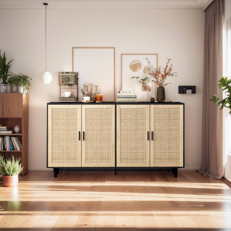 62.20"Elegant and Functional 4-Door Rattan Sideboard/Buffet