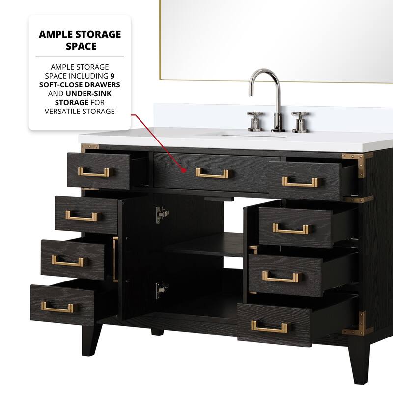 Laurel 48 in W x 22 in D Black Oak Single Bath Vanity, White Quartz Top, Faucet Set, and 46 in Mirror